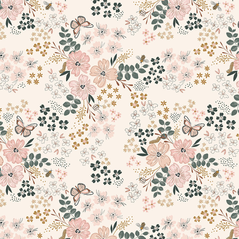 Cream fabric with a dense spring-themed pattern of stylized florals, butterflies, caterpillars, and bees.