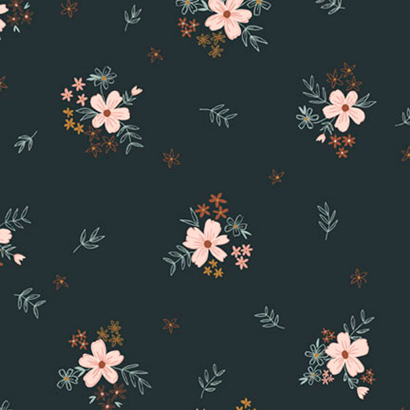 Dark teal fabric with clusters of stylized floral bouquets with scattered leaves.