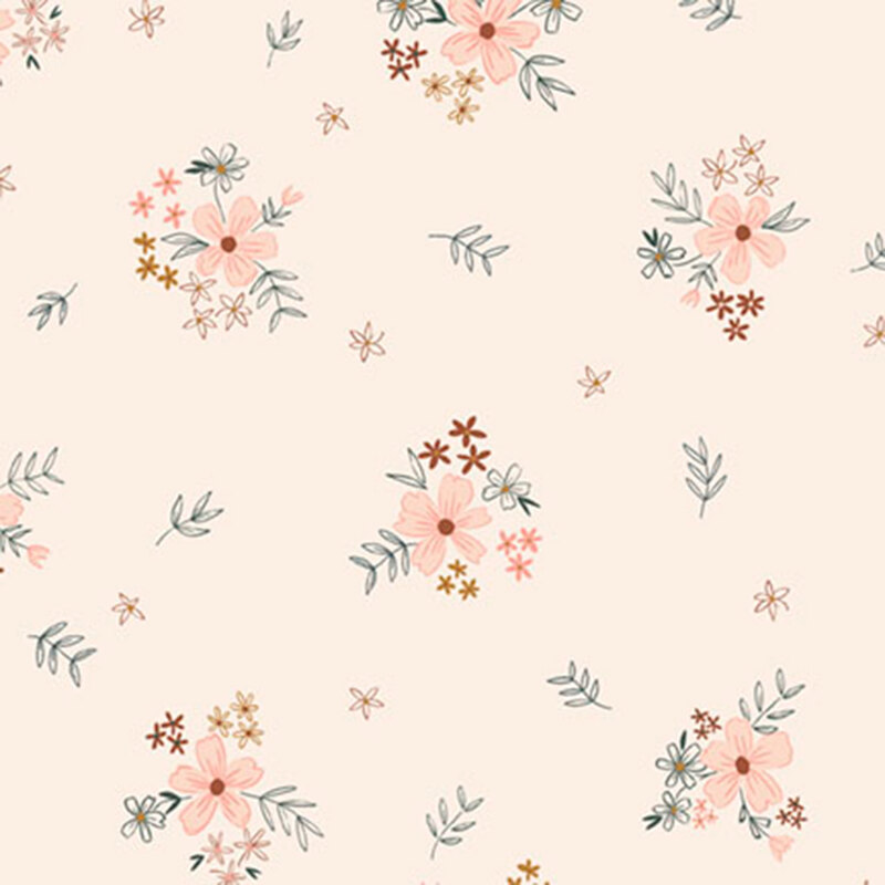 Cream fabric with clusters of stylized floral bouquets with scattered leaves.
