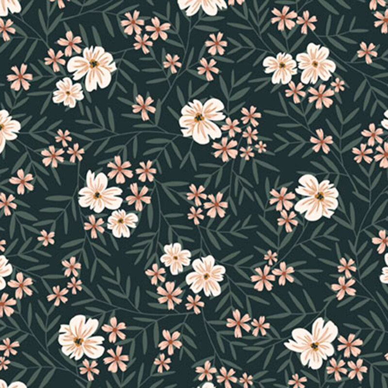 Dark teal fabric with a pattern of stylized florals with long, flowing leaves.