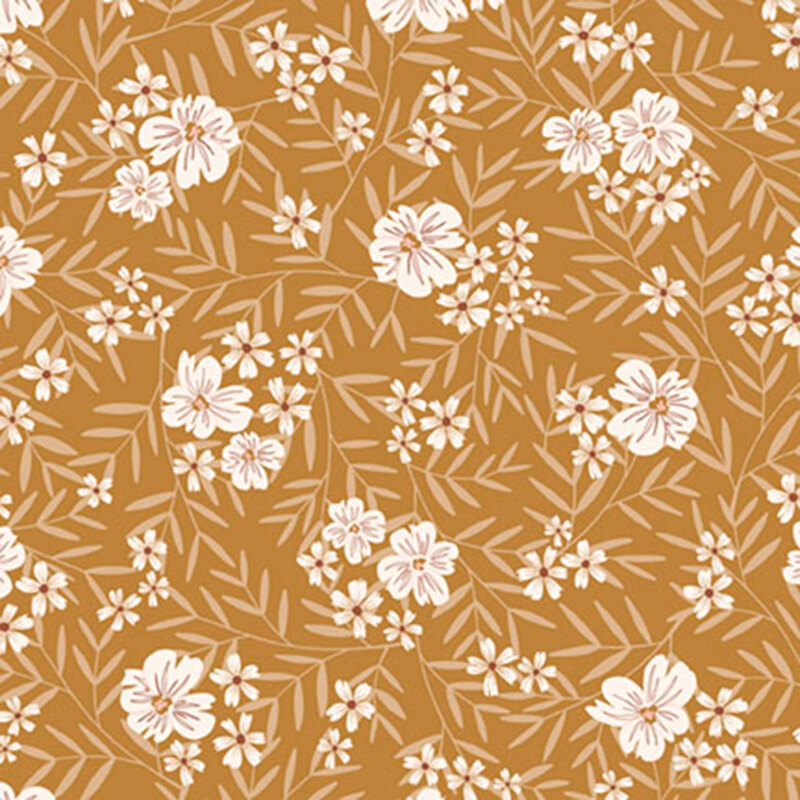 Suede fabric with a pattern of stylized white florals with long, flowing leaves.