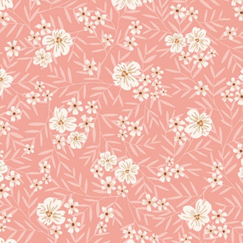 Pink fabric with a pattern of stylized white florals with long, flowing leaves.