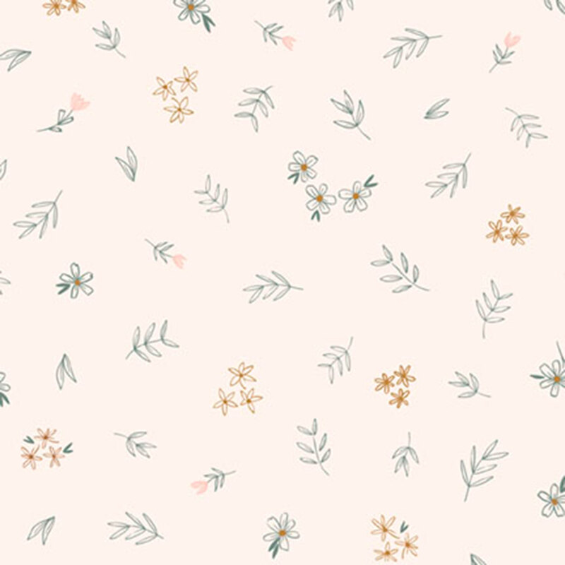Cream fabric with a scattered pattern of stylized flowers and leaves.