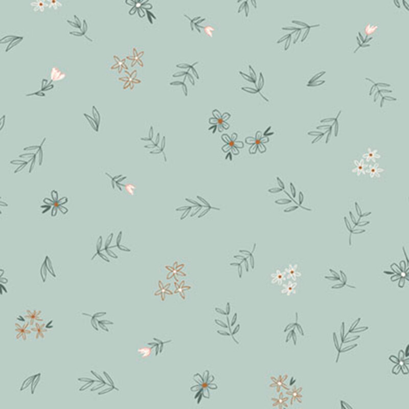Light teal fabric with a scattered pattern of stylized flowers and leaves.