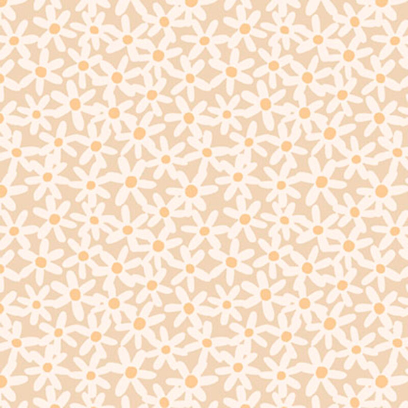 Tan fabric with a dense pattern of stylized white floral buds.