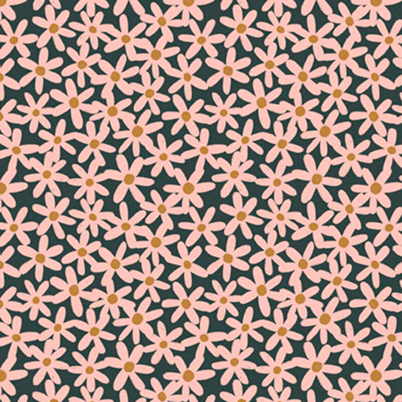 Dark teal fabric with a dense pattern of stylized pink floral buds.
