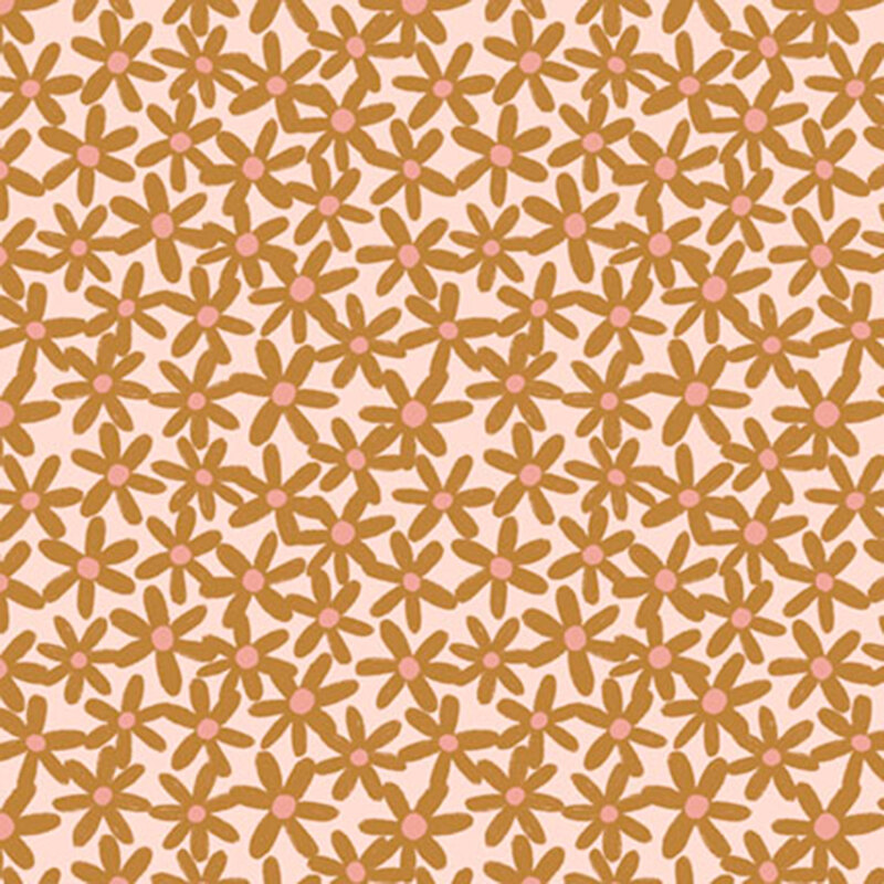 Pink fabric with a dense pattern of stylized sienna floral buds.