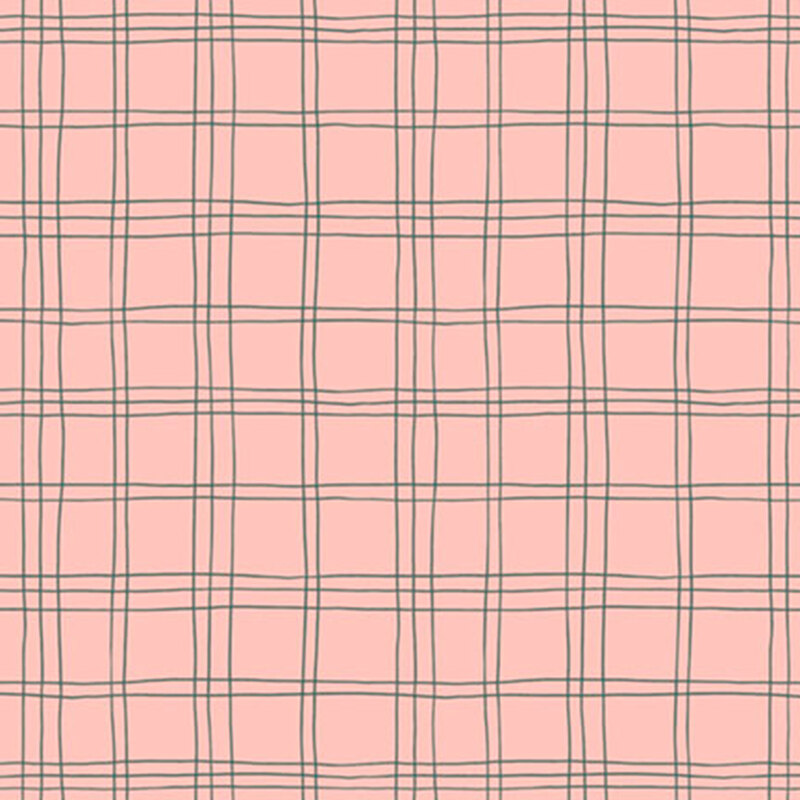 Pink fabric with an irregular teal plaid pattern.