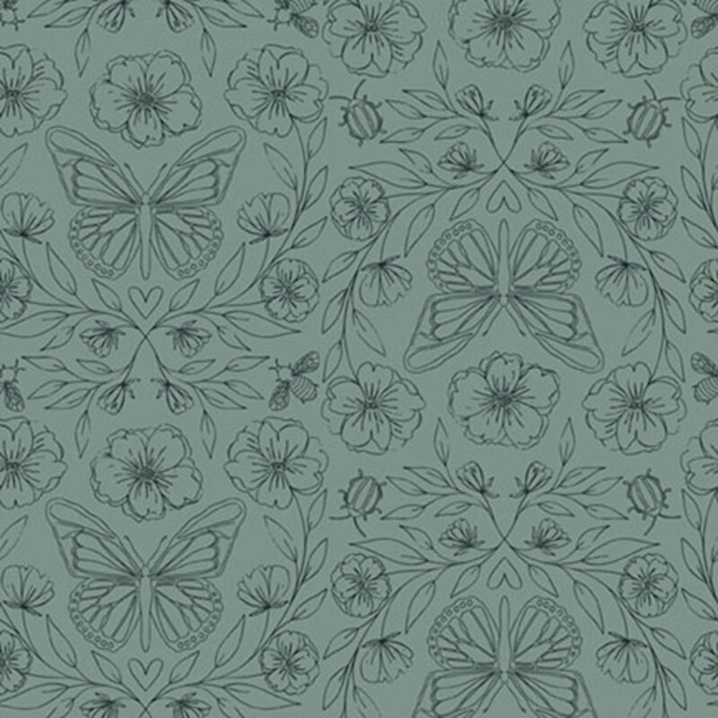 dark teal fabric with tonal outlined florals with butterflies, insects, and other spring-themed motifs.