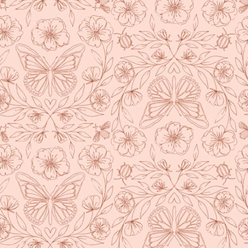 Pink fabric with outlined florals with butterflies, insects, and other spring-themed motifs.