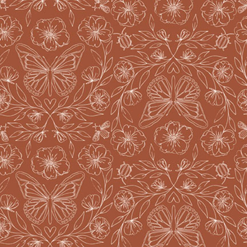 Sienna fabric with outlined florals with butterflies, insects, and other spring-themed motifs.