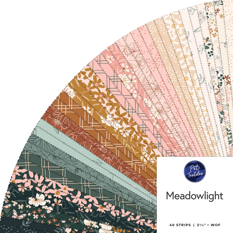 A fan of fabric strips in various floral and geometric patterns, labeled Meadowlight.