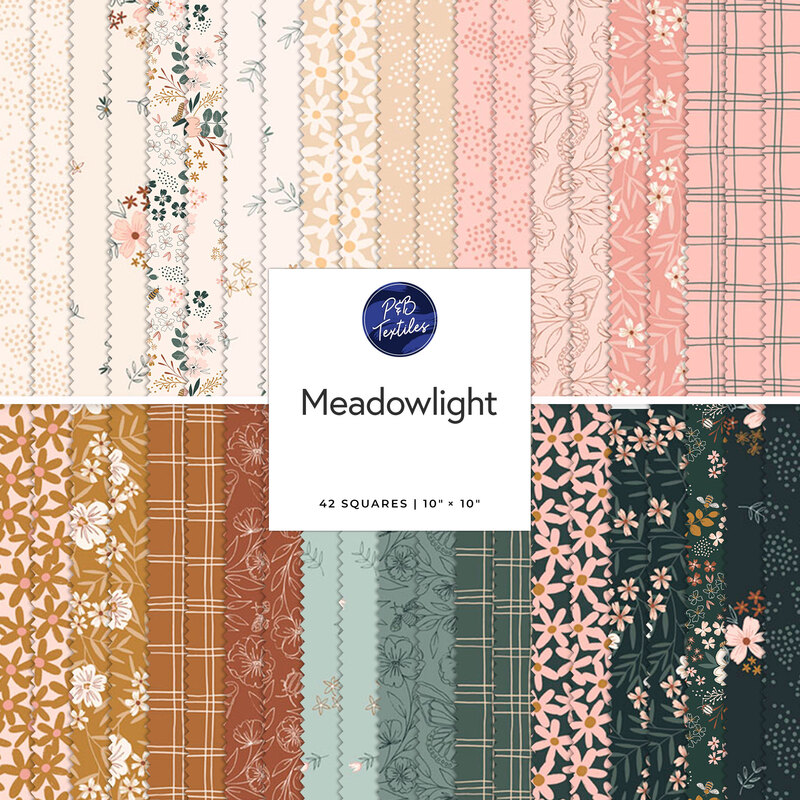 Collection of 42 fabric squares in various floral and plaid patterns, labeled Meadowlight.