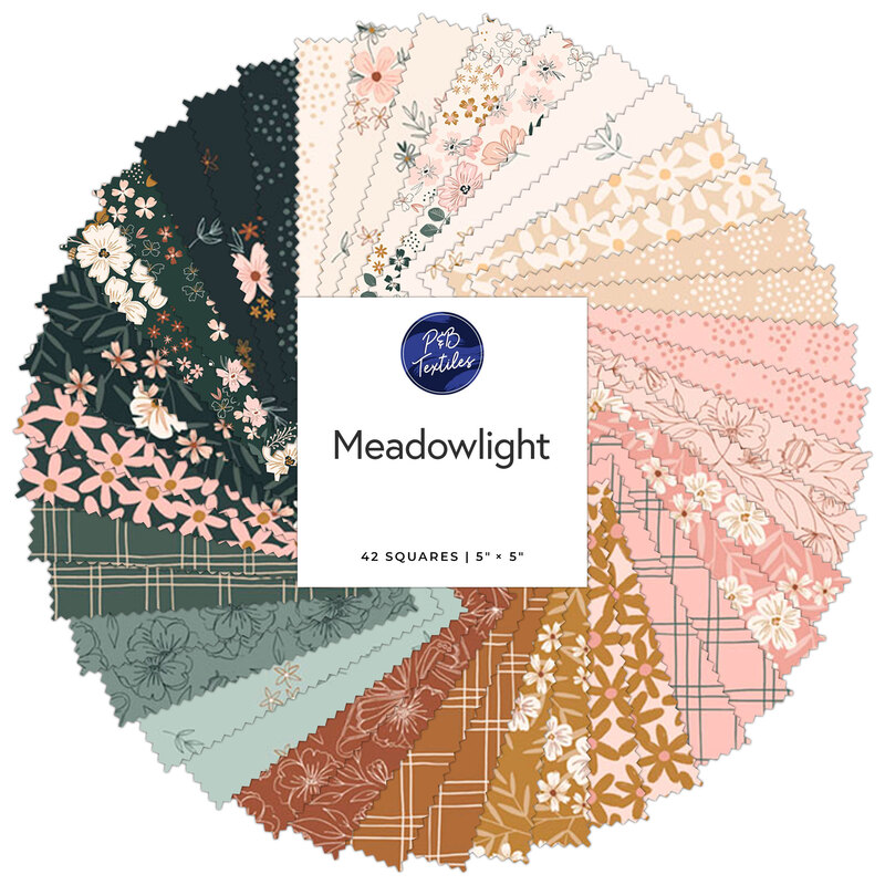 A circular arrangement of 42 fabric squares in various colors and floral patterns labeled Meadowlight.