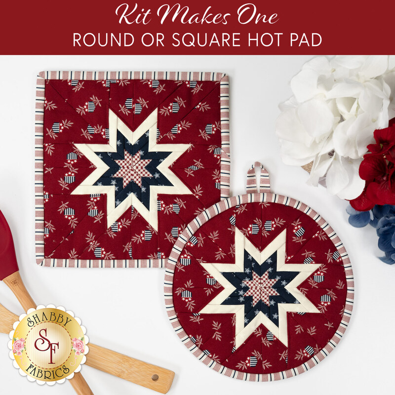 The completed American Gatherings III Folded Star Hot Pad in both the round and square options, staged on a white table with coordinating patriotic décor.