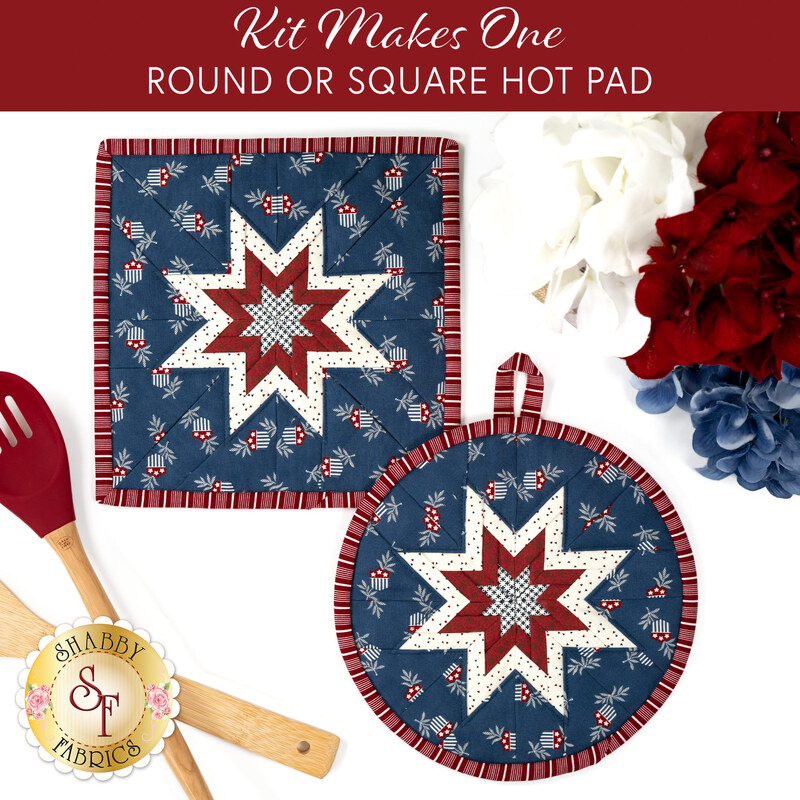 The completed American Gatherings III Folded Star Hot Pad in both the round and square options, staged on a white table with coordinating patriotic décor.