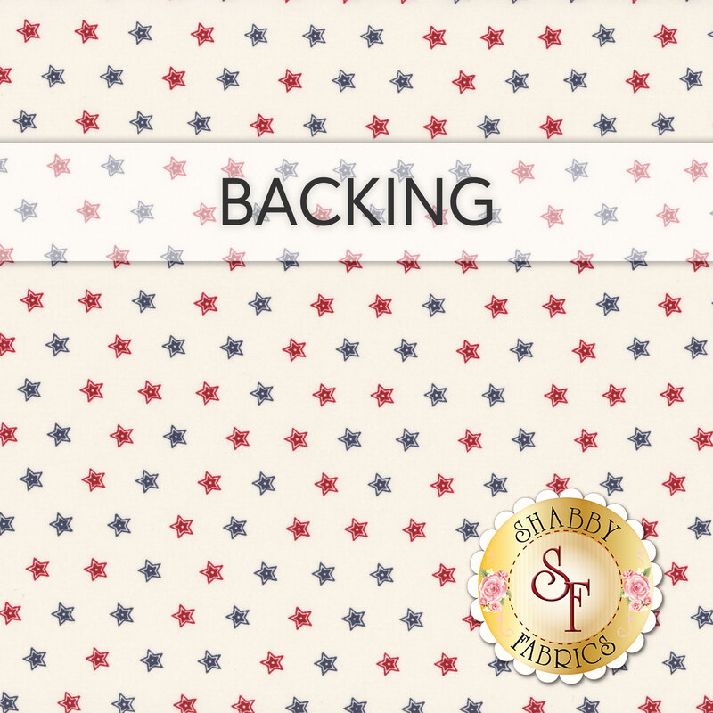 A swatch of white fabric with red and blue stars; a translucent banner across the top with the word "Backing" and a gold Shabby Fabrics logo in the bottom right corner.