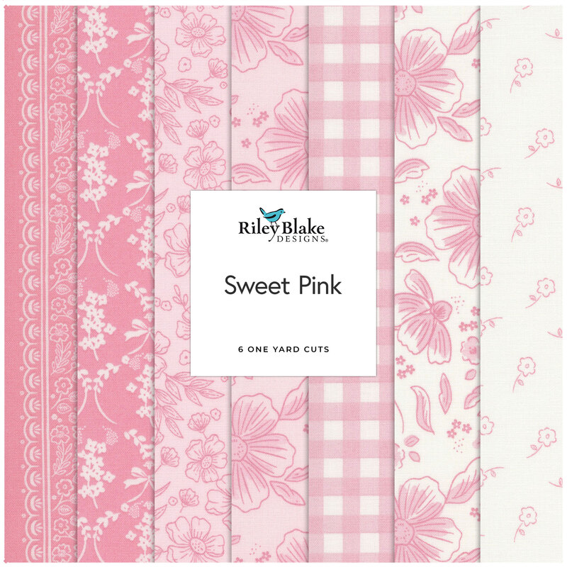 A collage of fabrics in the Sweet Pink collection, in shades of pink and cream featuring shabby florals and lacy designs.