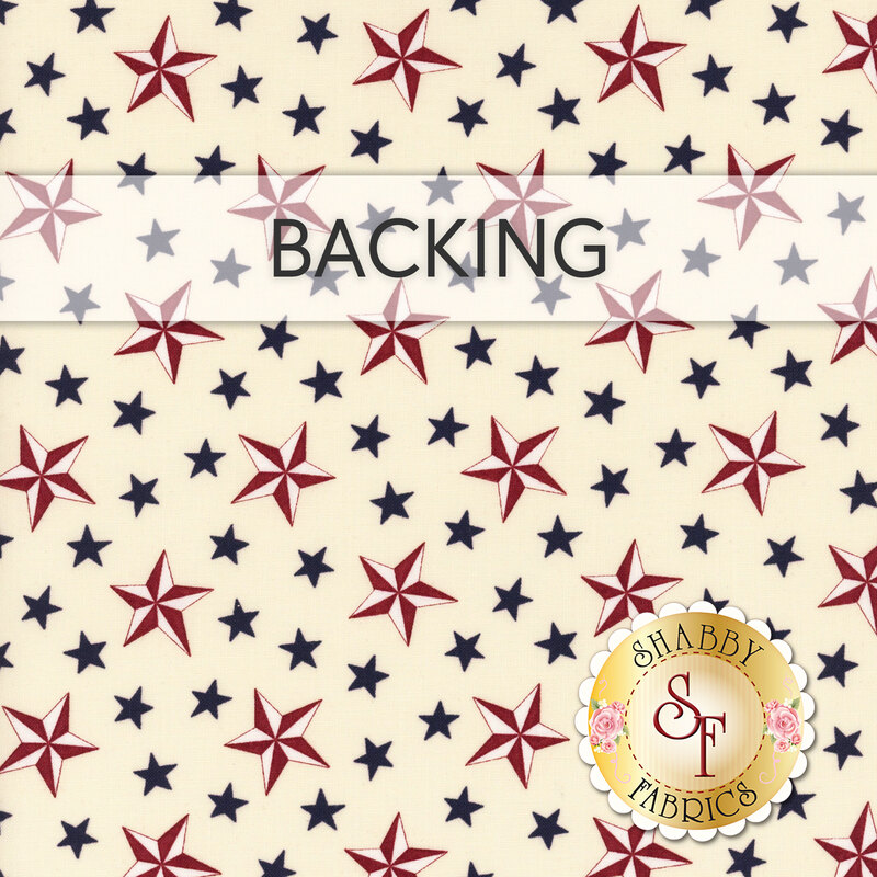 Cream swatch of fabric with tossed red and blue stars; a transparent banner at the top reads "Backing."