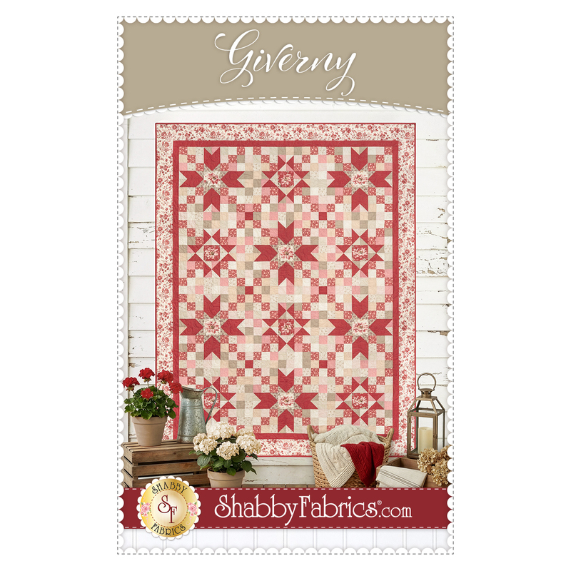 Front cover of the Giverny pattern, showing the completed project in red, pink, and tan fabrics.