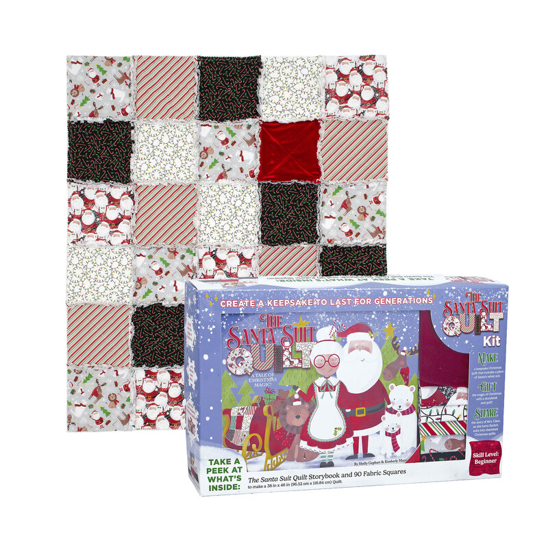 A quilting kit featuring a colorful patchwork design and a box labeled The Santa Quilt Kit.