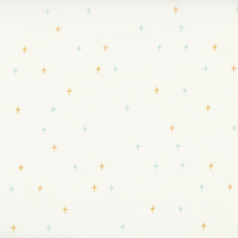 This cream fabric features a pastel blue and orange design of scattered sparkles, adding a playful and magical touch to your projects.