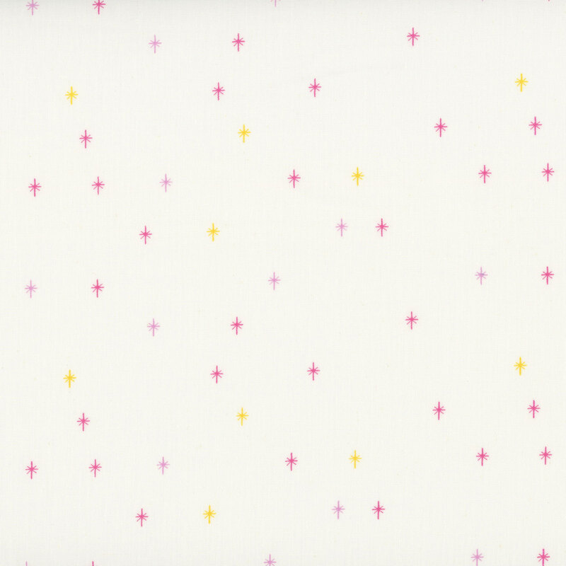 This cream fabric features a yellow and pink design of scattered sparkles, adding a playful and magical touch to your projects.