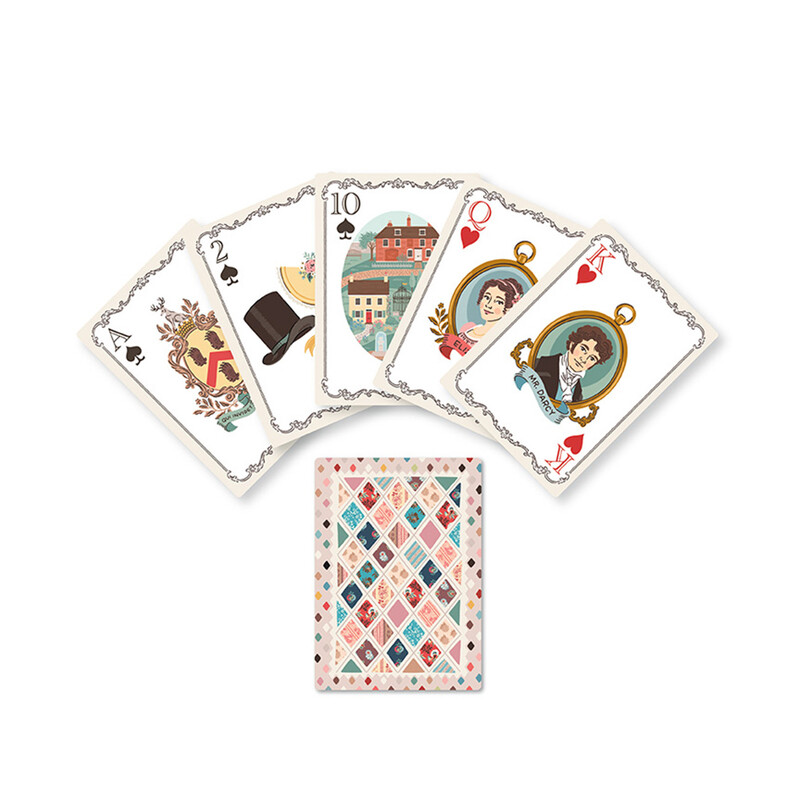 Five illustrated Jane Austen themed playing cards featuring various designs, including a house and characters, with a patterned card below.