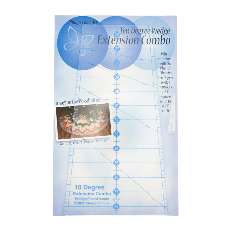 The front packaging of the Ten Degree Wedge Extension Combo tool, showing the included tool over a mottled blue background with an example project in the foreground.