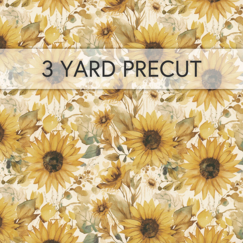 A floral pattern featuring large, watercolor sunflowers in shades of yellow and brown, with green leaves; a banner at the top reads "3 yard precut."