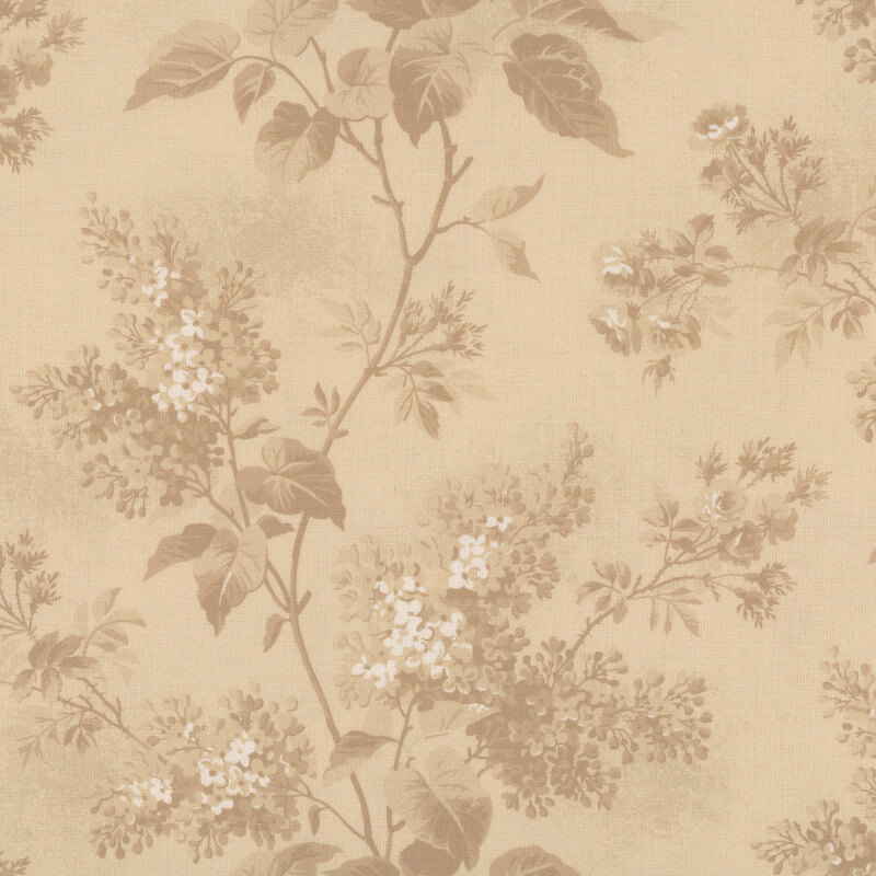 Warm beige textured fabric featuring lilac blossoms and foliage in hues of taupe, beige, and white.