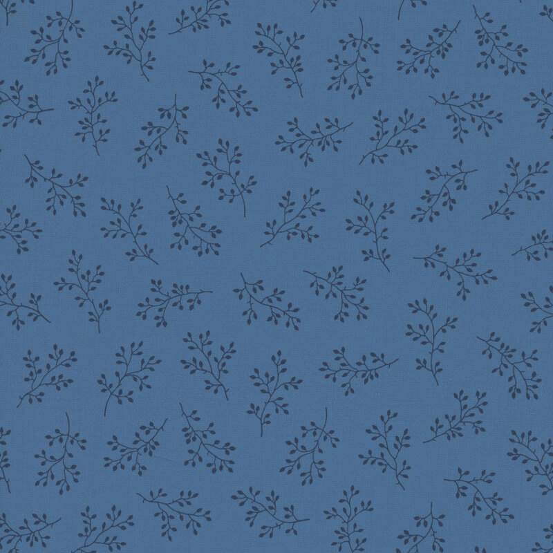 Dark sprig branches scattered on a deep blue background.