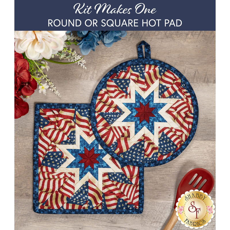 The completed Stars & Stripes 14 Folded Star Hot Pad in both the round and square options, staged on a rustic wood table with coordinating patriotic décor.