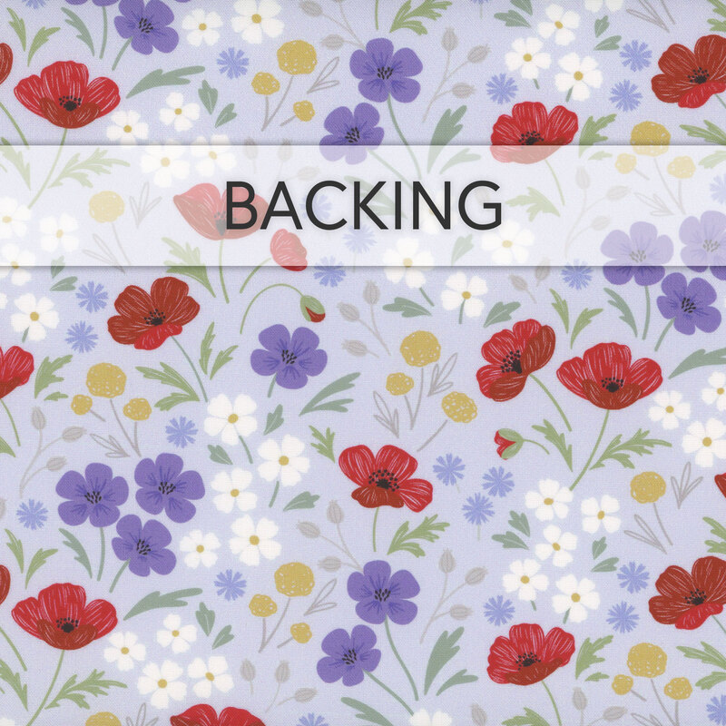 A swatch of blue fabric with patriotic florals. A banner at the top reads "Backing".