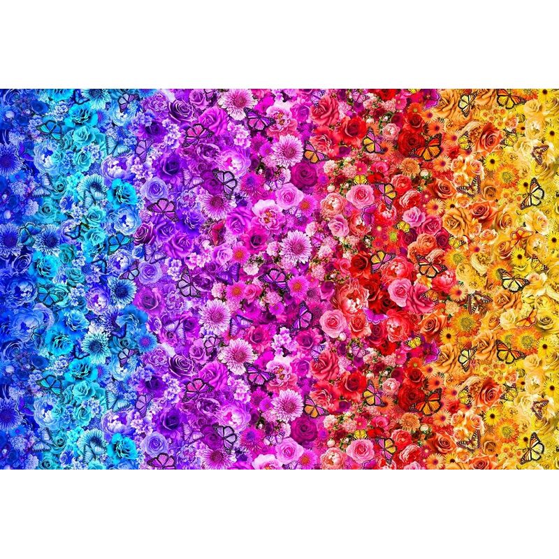 Rainbow ombre fabric featuring a packed collage of flowers and butterflies.
