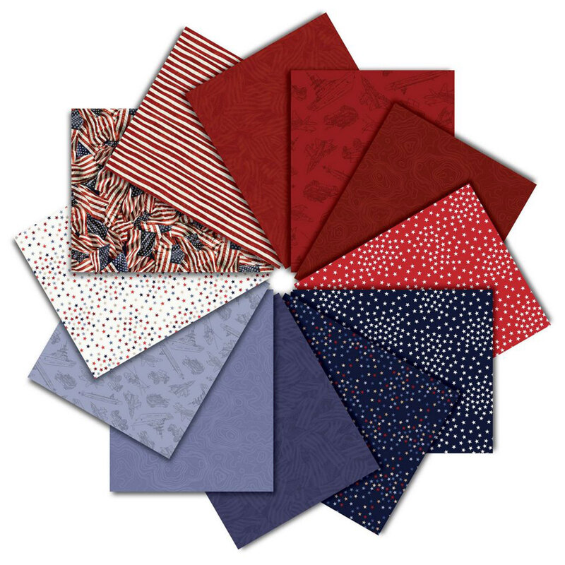 A collage of patriotic themed fat quarters for the Path to Freedom collection