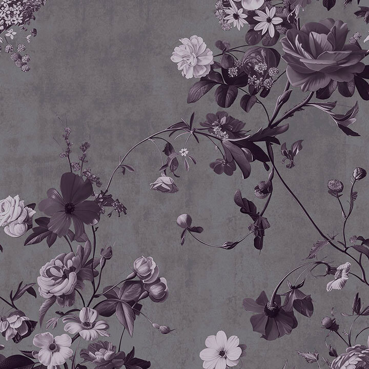 Vining wisteria print on a mottled warm gray background.