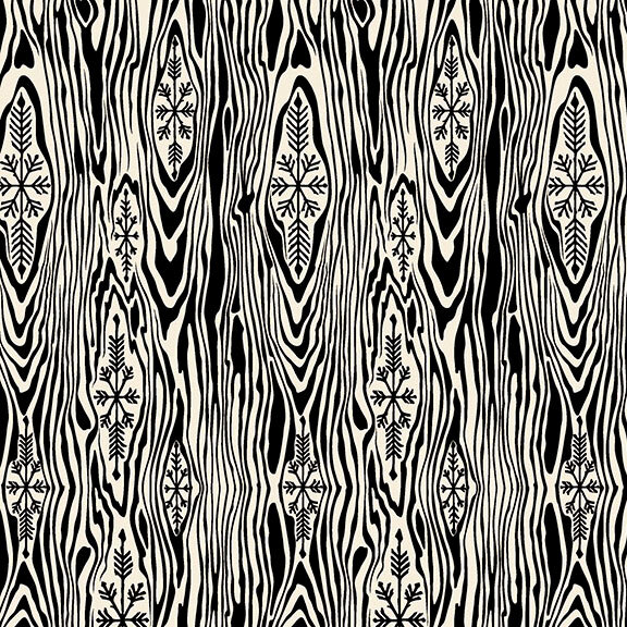 Black and white wood grain pattern with snowflake motifs.