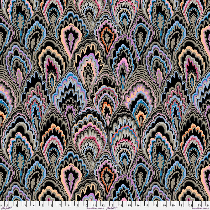 Black fabric with large marbled scallops featuring gray, blue, purple, peach, and pink accents.