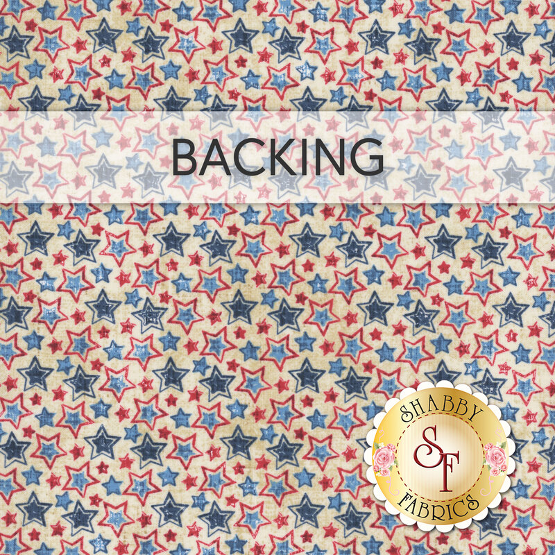 Cream swatch of fabric featuring a dense pattern of red and blue stars; a transparent banner at the top reads "Backing."