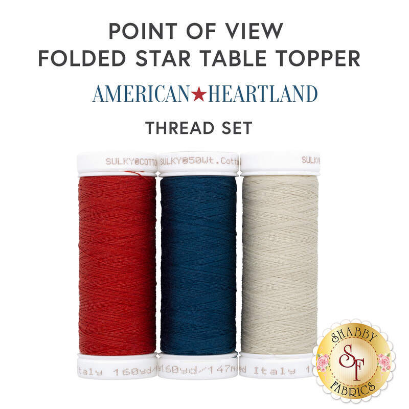 Thread set featuring red, blue, and cream spools for the American Heartland Point of View Folded Star Table Topper.