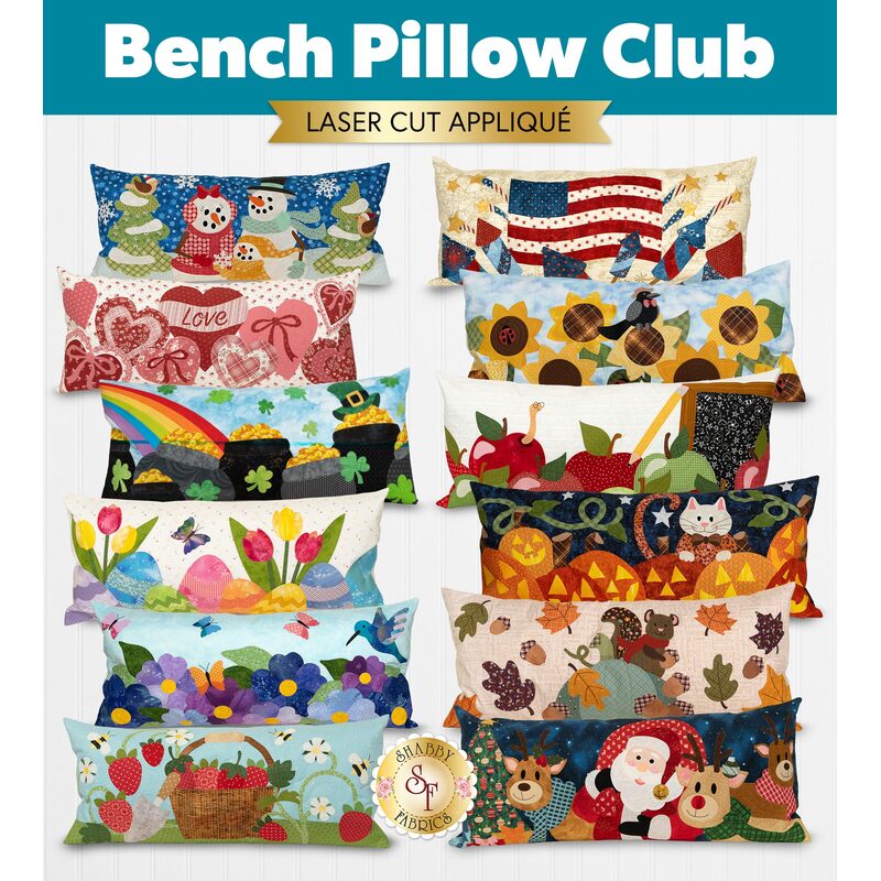 All 12 of the colorful pillows featured throughout the Bench Pillow Club offered by Shabby Fabrics, organized in two rows of six below a blue banner.
