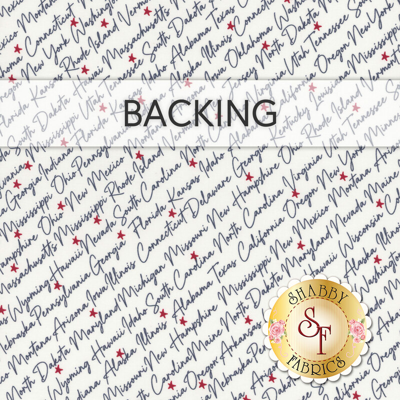 White swatch of fabric with a diagonal pattern of navy blue script of the different state names interspersed with red stars; a transparent banner at the top reads "Backing."