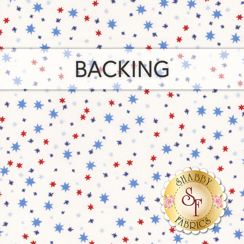 White swatch of fabric with red and blue stars; a transparent banner at the top reads "Backing."
