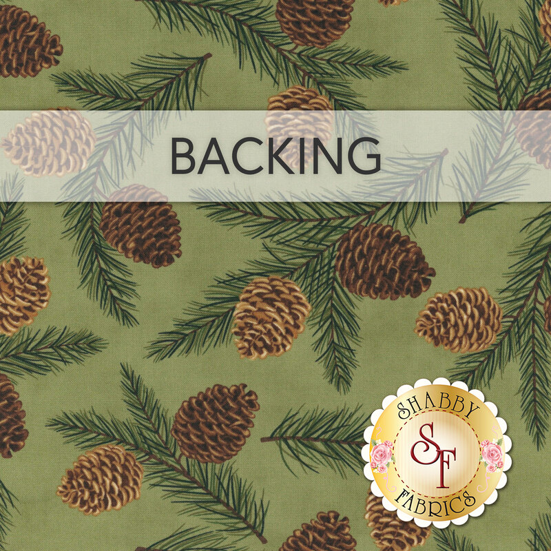 Forest green fabric with tossed pine cones and branches; a transparent banner at the top reads "Backing."