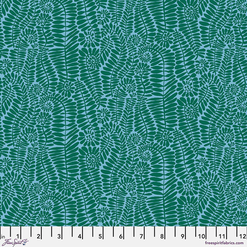 Light turquoise fabric featuring a flowing frond pattern in viridian green.