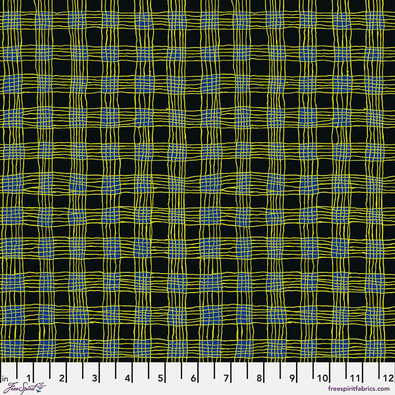 Abstract woven plaid pattern in citrine and teal blue hues on a black background.