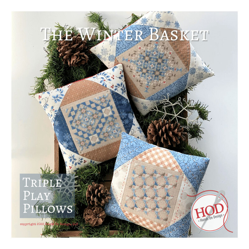 Front image of the pattern featuring 3 completed pillow projects.