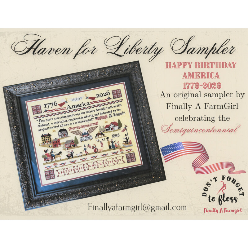 Framed cross stitch sampler titled Haven for Liberty Sampler, celebrating America's Semiquincentennial (1776-2026).