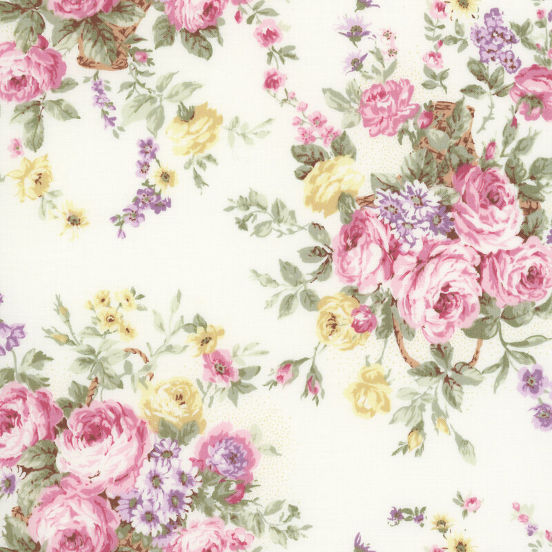 Cream fabric topped with bunches of pink and yellow roses.